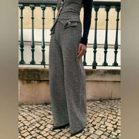 Zara Women Textured Wide Leg Pant Small Tweed Metallic Thread Gold Button - Picture 1 of 10